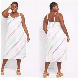 NWT Lane Bryant White/Purple Multi Wave Tie-Dye V-Neck Cami Slip Midi Dress 20